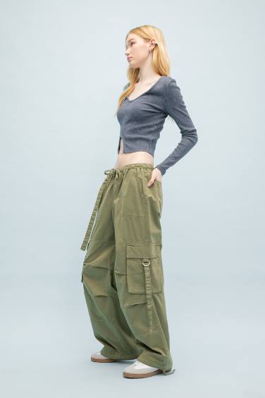 Wide Leg Cargo Gabardine Trousers