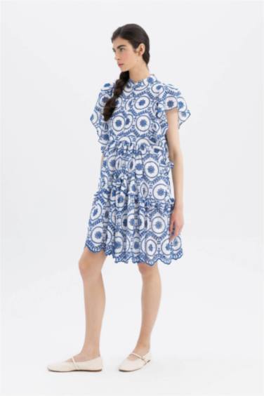 Lug Von Siga x DeFacto Hakim Yaka Desenli Vual Kısa Kollu Mini Elbise