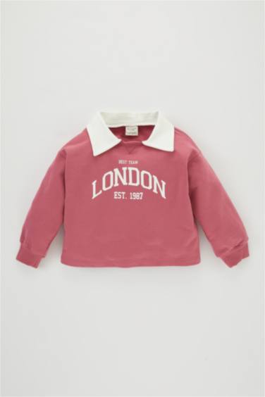 Kız Bebek Polo Yaka Baskılı İçi Yumuşak Tüylü Sweatshirt