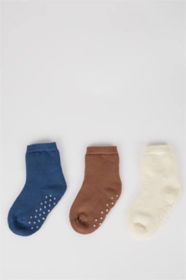 Erkek Bebek Kaydırmaz Taban 3'lü Pamuklu Uzun Çorap