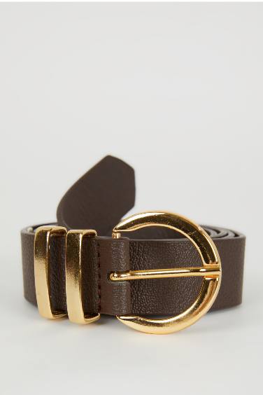 Woman Oval Buckle Faux Leather Classic Belt