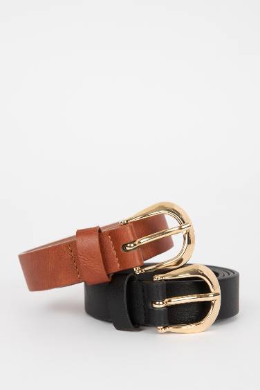 Woman Oval Buckle Faux Leather Dual