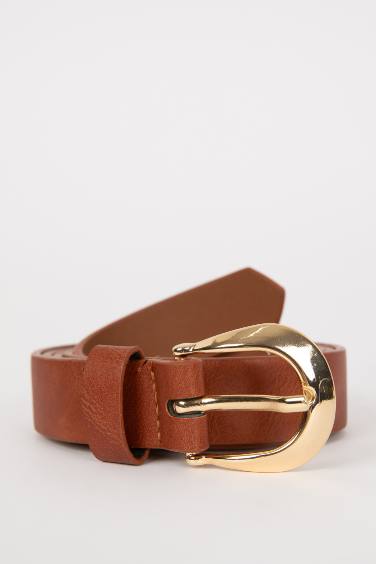 Woman Oval Buckle Faux Leather Dual