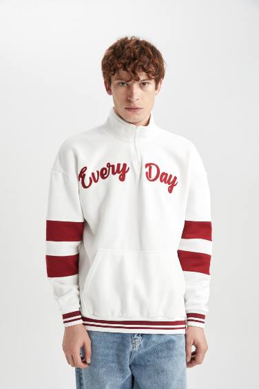 Oversize Fit Stand Collar Zippered Printed Sweatshirt