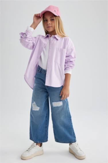 قميص كم طويل بوبلين قصة عادية