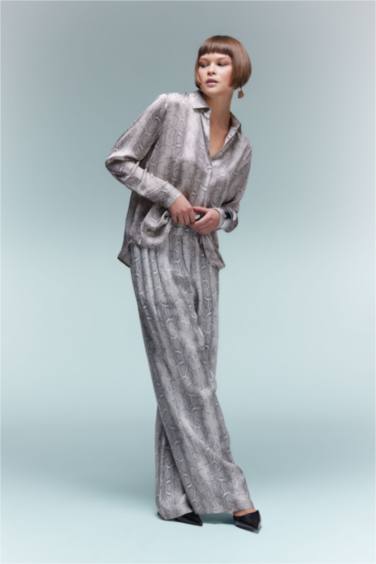 Wide Leg Patterned Pocket High Waist Long Satin Trousers