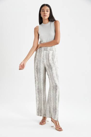 Wide Leg Patterned Pocket High Waist Long Satin Trousers