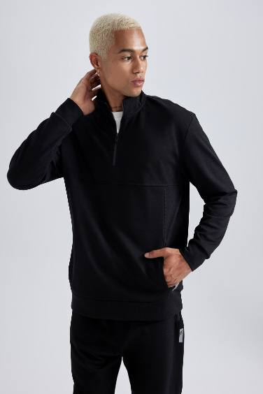 Black DeFactoFit Standard Fit Zippered Basic Sweatshirt