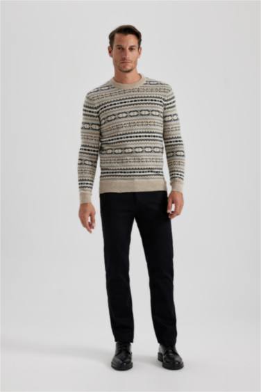 Standard Fit Patterned Crew Neck Knitted Pullover