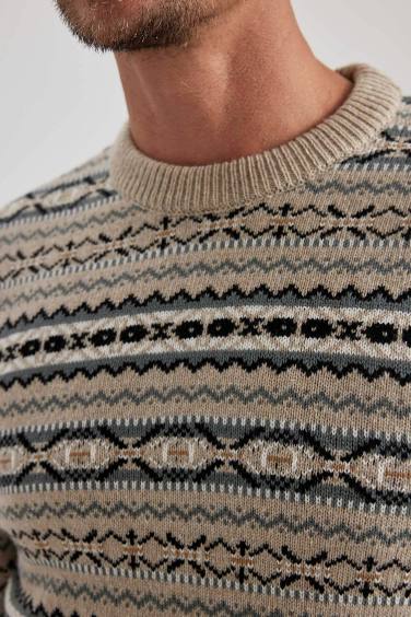 Standard Fit Patterned Crew Neck Knitted Pullover