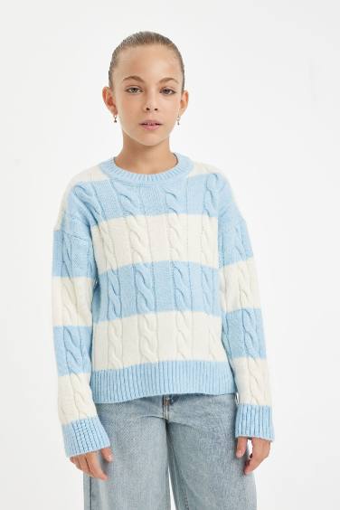 Girl Regular Fit Crew Neck Striped Knitted Pullover