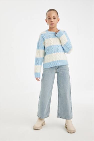 Girl Regular Fit Crew Neck Striped Knitted Pullover