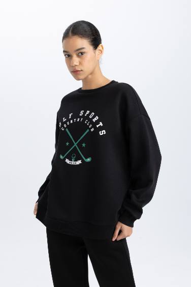 DeFactoFit Oversize Geniş Kalıp Baskılı Kapüşonlu Kalın Sporcu Sweatshirt