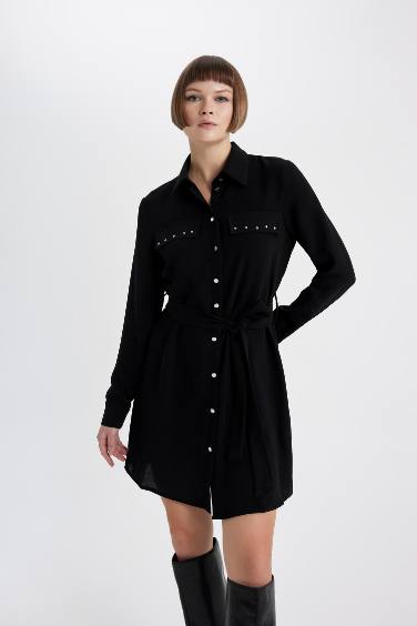 Shirt Collar Belted Long Sleeve Mini Crepe Dress