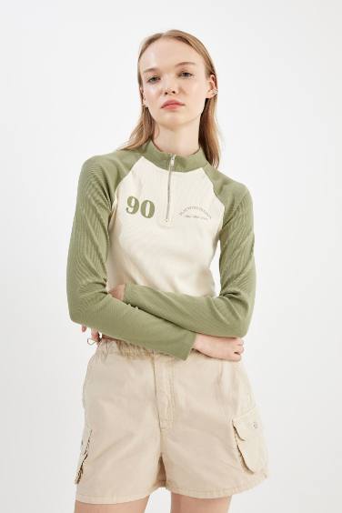 T-Shirt Slim imprimé à Manches Longues et à demi-zip