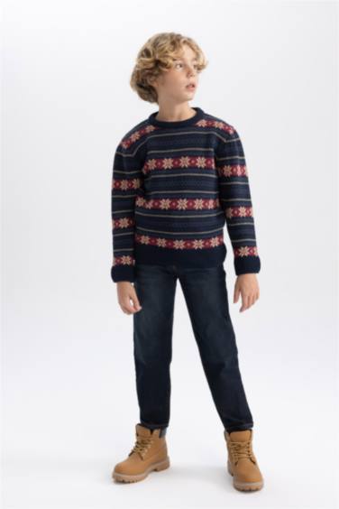 بلوفر اولادي تريكو قصة عادية برقبة مستديرة كحلي