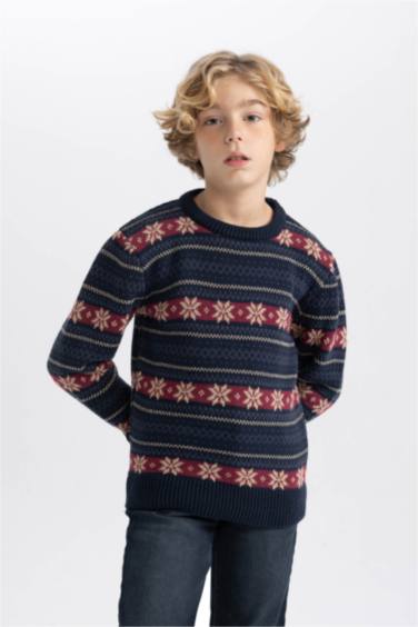 بلوفر اولادي تريكو قصة عادية برقبة مستديرة كحلي