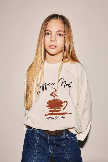 Girl Oversize Fit Crew Neck Printed Thick Sweatshirt