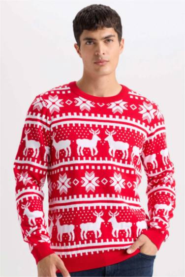 بلوفر تريكو رجالي قصة عادية برقبة مستديرة أحمر