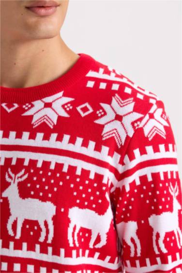 بلوفر تريكو رجالي قصة عادية برقبة مستديرة أحمر