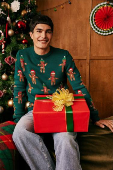 New Year Themed Standard Fit Patterned Knitted Pullover