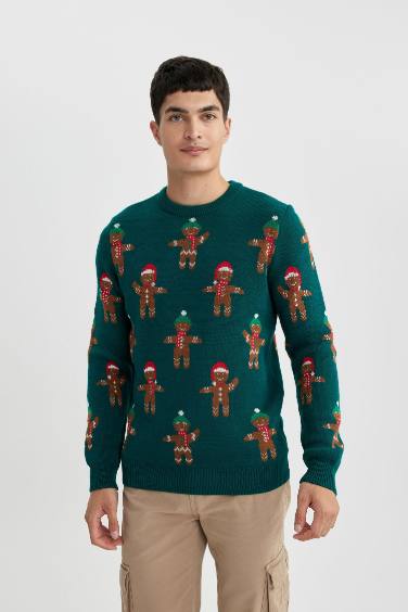 New Year Themed Standard Fit Patterned Knitted Pullover