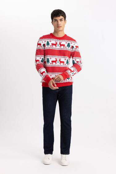 New Year Themed Standard Fit Crew Neck Knitted Pullover