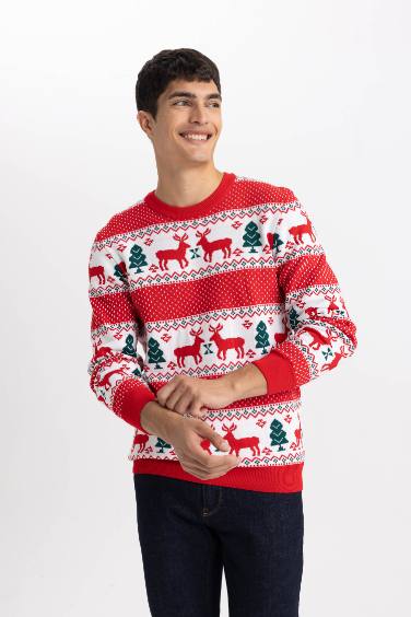 New Year Themed Standard Fit Crew Neck Knitted Pullover