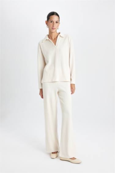 Relax Fit Polo Yaka Casual Fitilli Kaşkorse Uzun Kollu Tişört