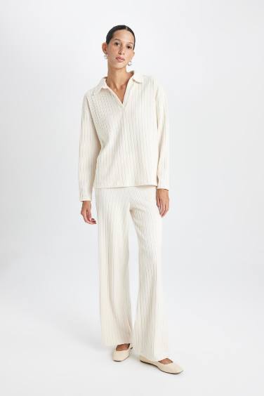 Wide Leg Geniş Paça Eşofman Altı Normal Bel Fitilli Kaşkorse Kumaş Basic Düz