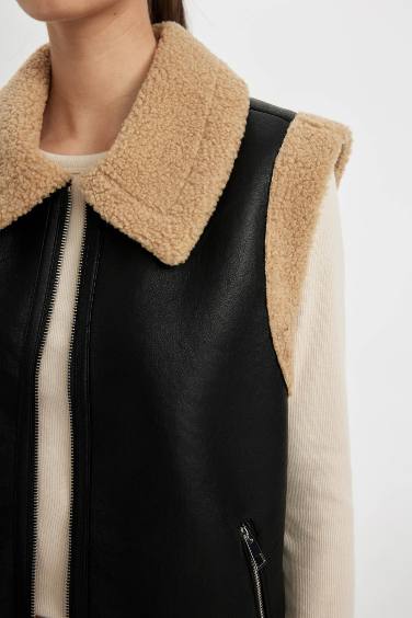 Su Geçirmez Regular Kalıp İçi Suni Kürklü Fermuarlı Suni Deri Yelek