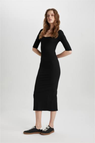 فستان ميدي ردن طويل مضلع بوديكون بياخة مربعة