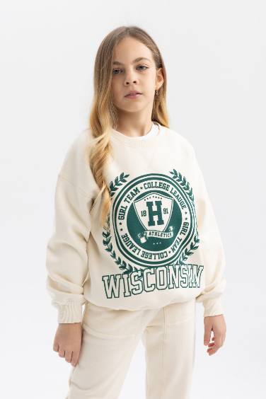 Kız Çocuk Oversize Fit Bisiklet Yaka İçi Yumuşak Tüylü Kalın Sweatshirt