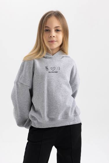 Kız Çocuk Oversize Geniş Kalıp Kapüşonlu Baskılı İçi Yumuşak Tüylü Kalın Sweatshirt