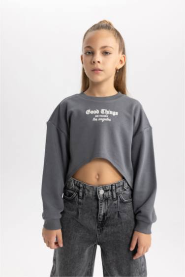 Girl Printed Crop Sweatshirt Undershirt 2 Piece Set
