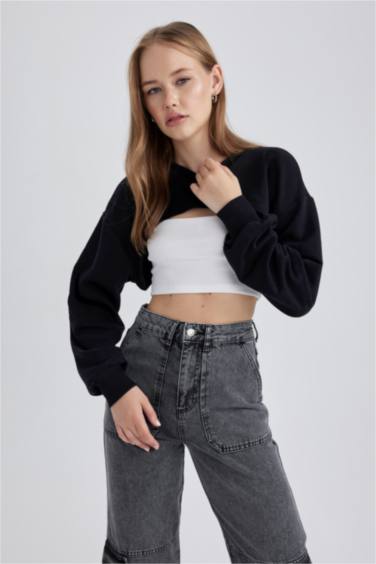Coool Crop Bisiklet Yaka Kalın Bolero Sweatshirt