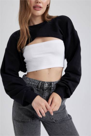 Coool Crop Bisiklet Yaka Kalın Bolero Sweatshirt