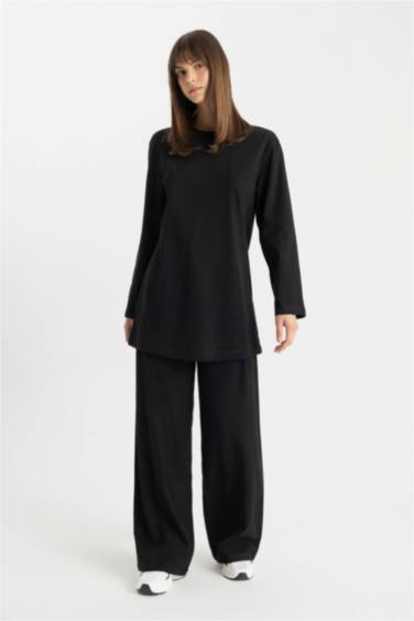 تونيك كم طويل قصة عادية برقبة مستديرة