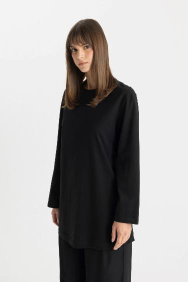 تونيك كم طويل قصة عادية برقبة مستديرة