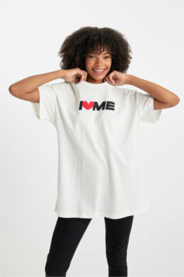 Oversize Fit I Love Me Baskılı Kısa Kollu Tişört