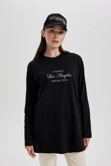 Regular Fit Crew Neck Slogan Pattern Long Sleeve Tunic