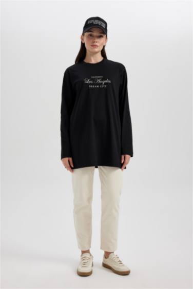 Regular Fit Crew Neck Slogan Pattern Long Sleeve Tunic