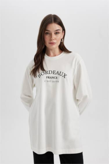 Regular Fit Crew Neck Slogan Pattern Long Sleeve Tunic