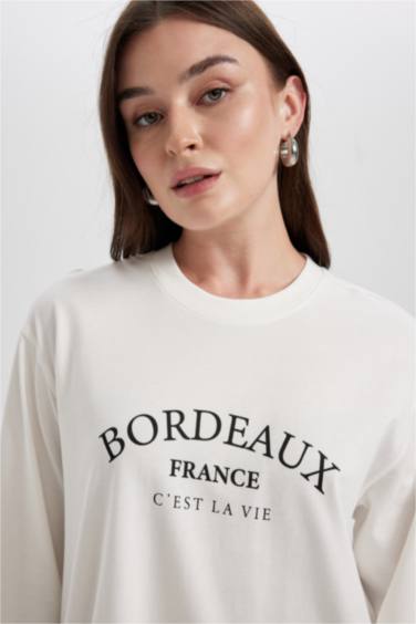 Regular Fit Crew Neck Slogan Pattern Long Sleeve Tunic