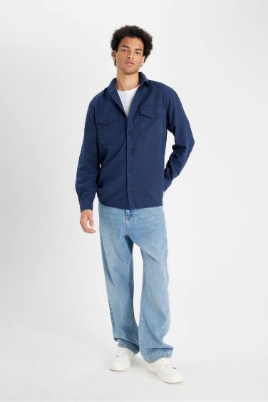 %100 Pamuk Regular Fit Polo Yaka Basic Düz Uzun Kollu Gömlek