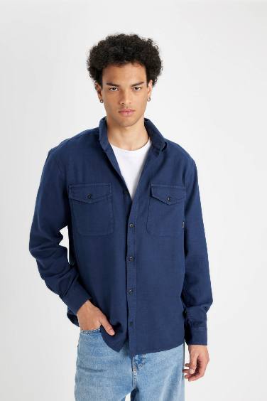 %100 Pamuk Regular Fit Polo Yaka Basic Düz Uzun Kollu Gömlek