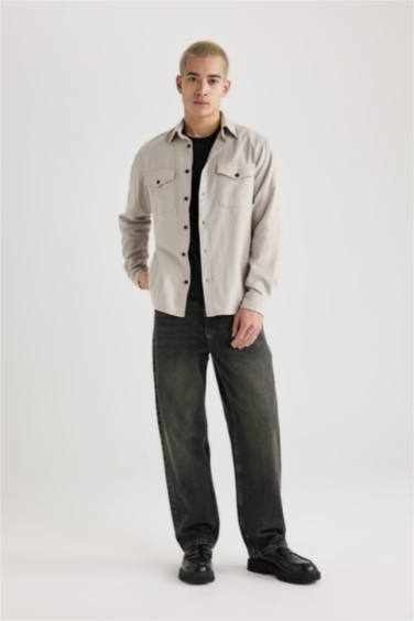 %100 Pamuk Regular Fit Polo Yaka Basic Düz Pamuklu Uzun Kollu Gömlek