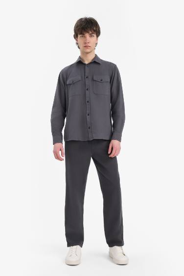 %100 Pamuk Regular Fit Polo Yaka Basic Düz Uzun Kollu Gömlek