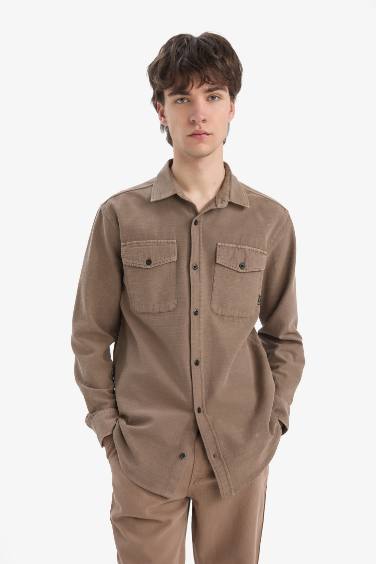 %100 Pamuk Regular Fit Polo Yaka Basic Düz Uzun Kollu Gömlek