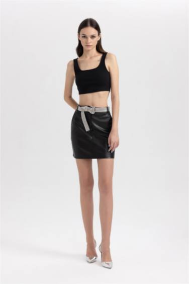 Coool A Cut Faux Leather Mini Knitted Skirt